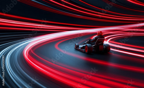 Racer in a go-kart speeding through a futuristic neon-lit track with dynamic red and blue light trails.
 photo