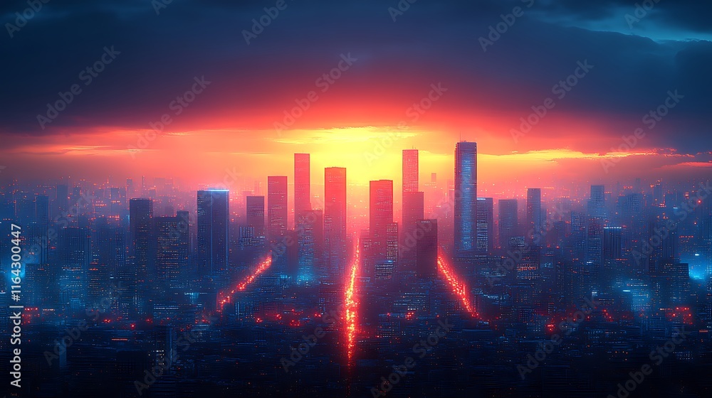 Fototapeta premium Cityscape at Sunset with Illuminated Roads and Skyscrapers