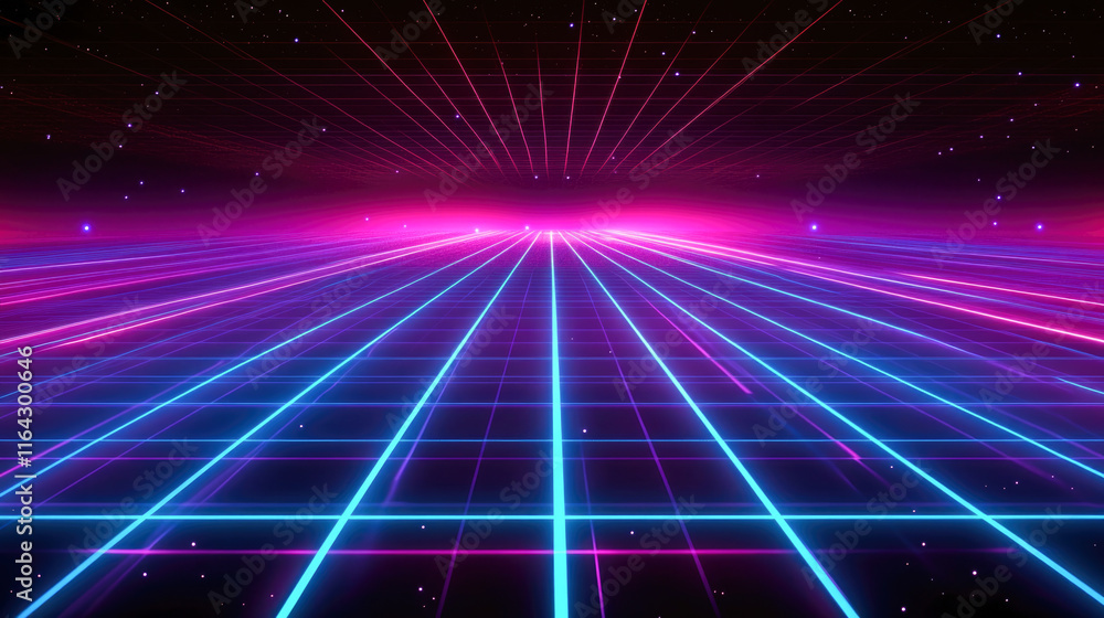Futuristic neon grid with vibrant pink and blue lines in a starry digital space Futuristic neon grid with vibrant pink and blue lines in a starry digital space
