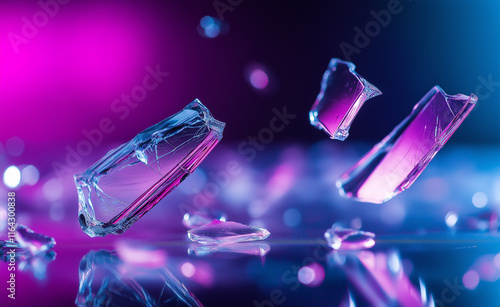 Close-up of shattered glass pieces with a glowing purple and pink background creating an abstract effect. photo