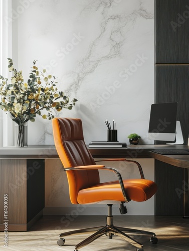 hybrid work flexible mobility Modern office desk with chair and decorative plant photo