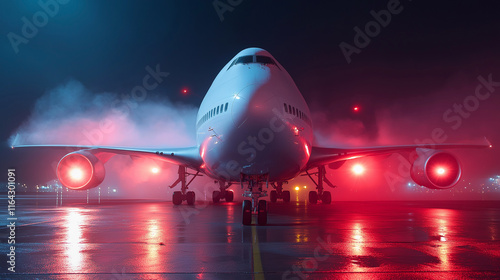 Airplane on a runway during a foggy night illuminated by glowing red navigation lights. photo