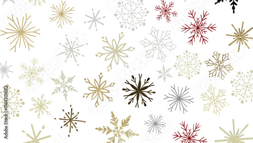 Snowflakes - new year pattern. Christmas theme, golden openwork shiny snowflakes, star, 3D rendering.