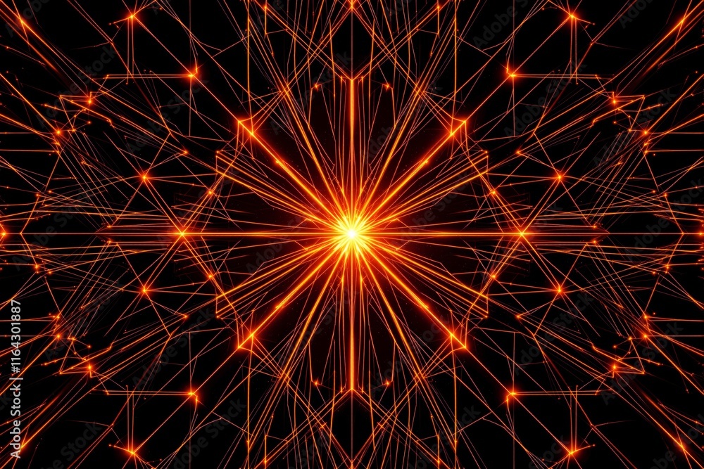 Fototapeta premium Abstract glowing geometric pattern with orange light beams on dark background.