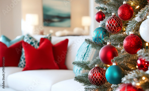 Close-up of a decorated Christmas tree with red and blue ornaments in a cozy living room setting. photo