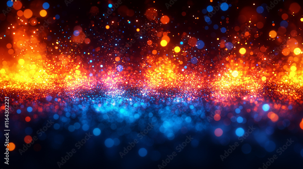 Obraz premium A beautiful, abstract scene of glowing particles in red, orange, and blue hues.