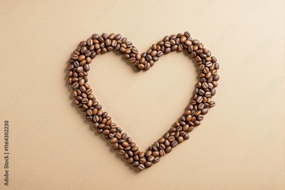 Coffee beans arranged in a heart shape on a beige background. Coffee beans arranged in a heart shape on a beige background.