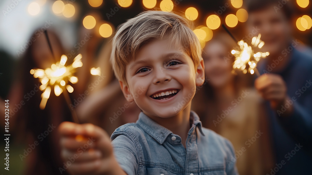 Happy child laughing and holding sparklers during a festive evening celebration with warm lights in the background. Happy child laughing and holding sparklers during a festive evening celebration with warm lights in the background.
