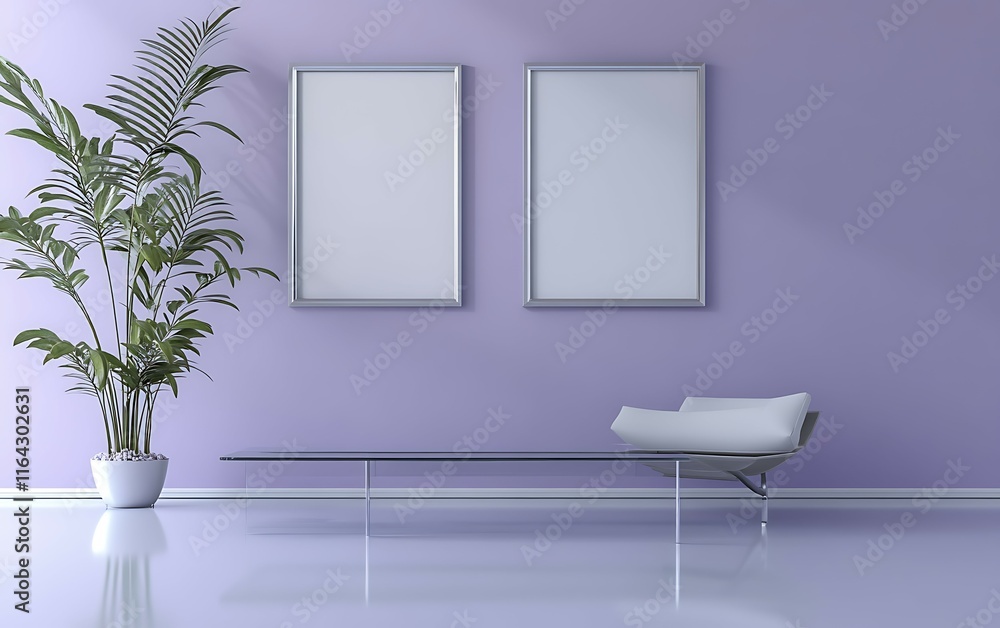 Fototapeta premium Minimalist purple room interior with two blank frames, plant, and bench.