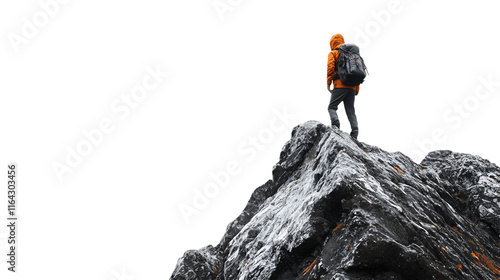 Hiker on top of the mountain on transparent background   