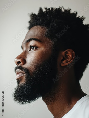 A young Black man with a beard looks thoughtfully to the side of the frame. photo