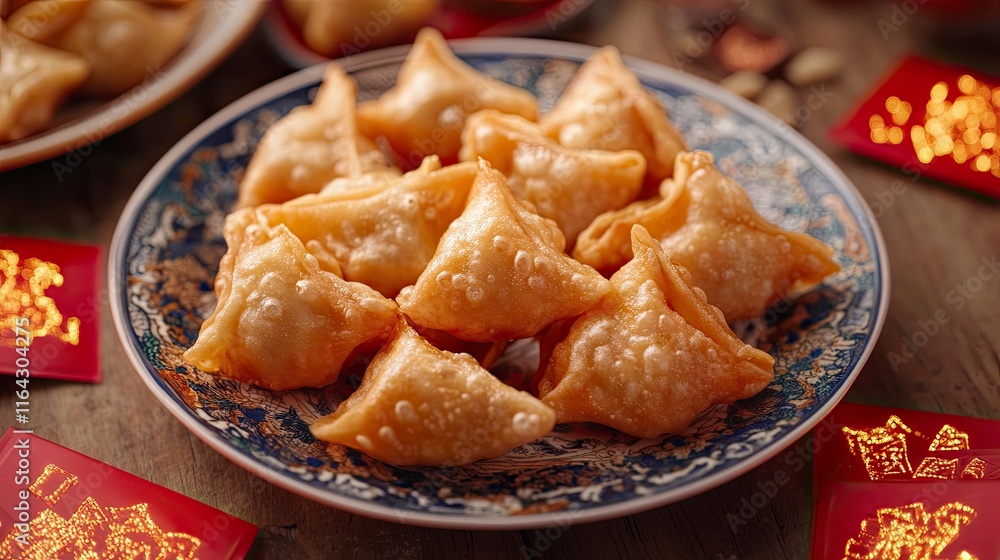 A close-up of golden fried wontons on a decorative plate surrounded by glowing red envelopes. A close-up of golden fried wontons on a decorative plate surrounded by glowing red envelopes.