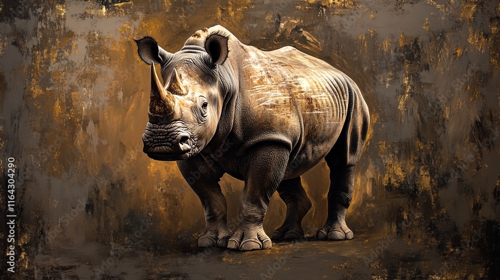 Fototapeta premium A majestic yet formidable creature, the mighty African rhino commands attention with its captivating presence. Its robust frame and distinct features, including its horned countenance