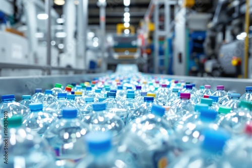 Plastic bottles on conveyor belt in factory setting, blurred industrial background. photo