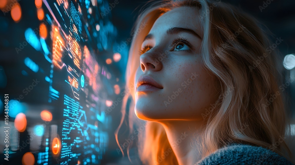 Futuristic Woman Gazing at Digital Interface Futuristic Woman Gazing at Digital Interface
