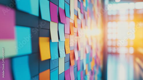 Vibrant multicolored sticky notes on a wall in sunlight, creating an abstract and creative display. photo