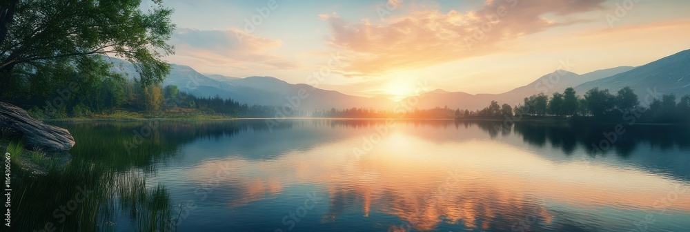 Fototapeta premium Serene Sunset Over Mountain Lake Reflecting Colors