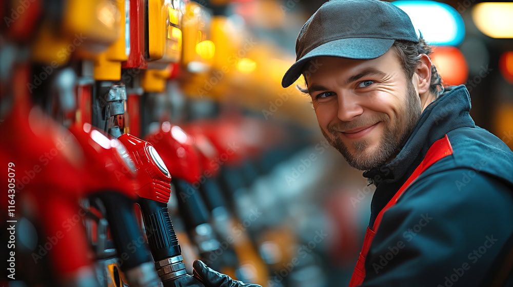 Portrait of a smiling mechanic holding a fuel nozzle in a gas station. Portrait of a smiling mechanic holding a fuel nozzle in a gas station.