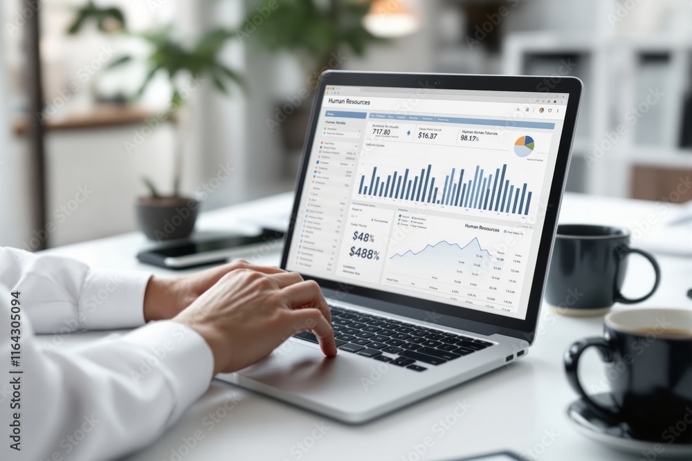 Business professional analyzing human resources data on a laptop screen in a modern office background. Business professional analyzing human resources data on a laptop screen in a modern office background.