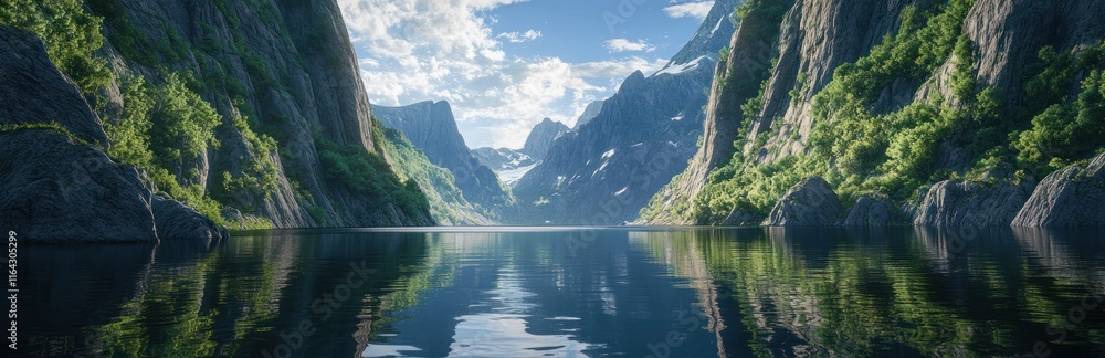 Serene Mountain Lake Nestled Between Verdant Cliffs Serene Mountain Lake Nestled Between Verdant Cliffs