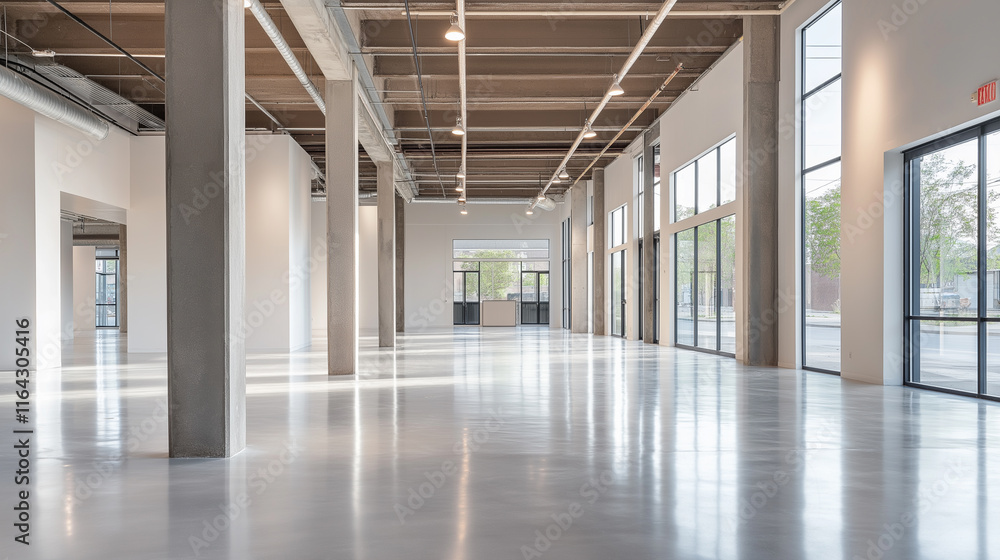 Naklejka premium Spacious empty industrial-style interior with polished floors, large windows, and exposed beams.