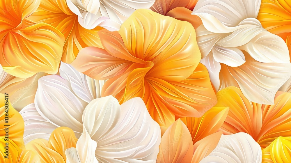 Fototapeta premium A detailed photograph of vibrant orange and white flowers surrounded by lush greenery in the foreground, while a stunning yellow and white flower dominates the center of the frame