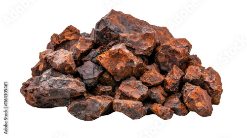 Pile of Iron Ore Rocks with Distinctive Rusty Coloration and Texture for Industrial, Geological, and Natural Resource Illustrations. on white or transparent png