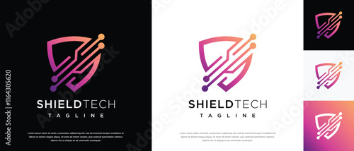 Security shield technology logo design template. Shield digital technology logo design vector icon