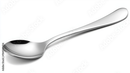 A stainless steel teaspoon lies flat on a pristine white background. Its smooth, reflective surface gleams in the light, casting a subtle glow upon the surrounding area. The teaspoon's simple photo