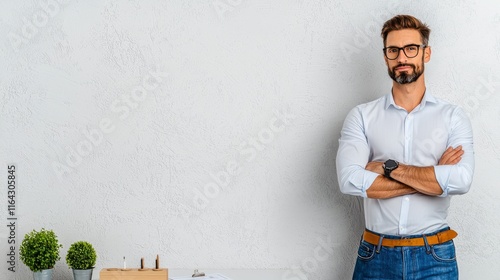 Confident businessman with arms crossed in modern office environment photo