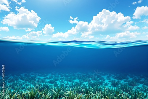 Split view of underwater seabed with aquatic plants and clear blue sky with fluffy clouds above. photo