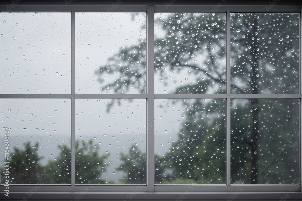 Naklejka premium Raindrops on a glass window with blurred trees in the background.