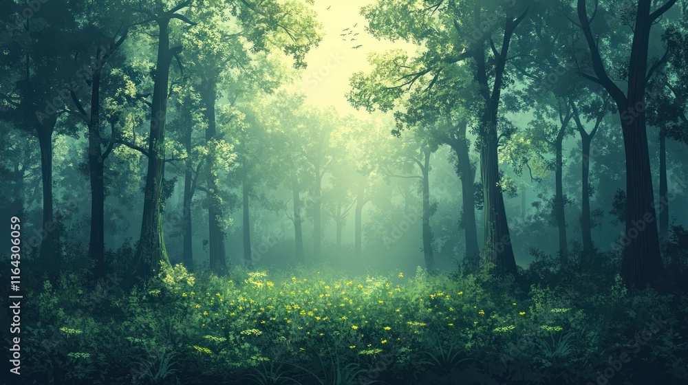 Misty forest path with yellow wildflowers. Misty forest path with yellow wildflowers.