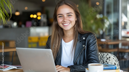 Australian woman in black leather jacket working with a laptop at library cafe
