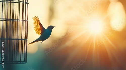   A bird escaping a cage, bathed in sunlight, with the bird focal point