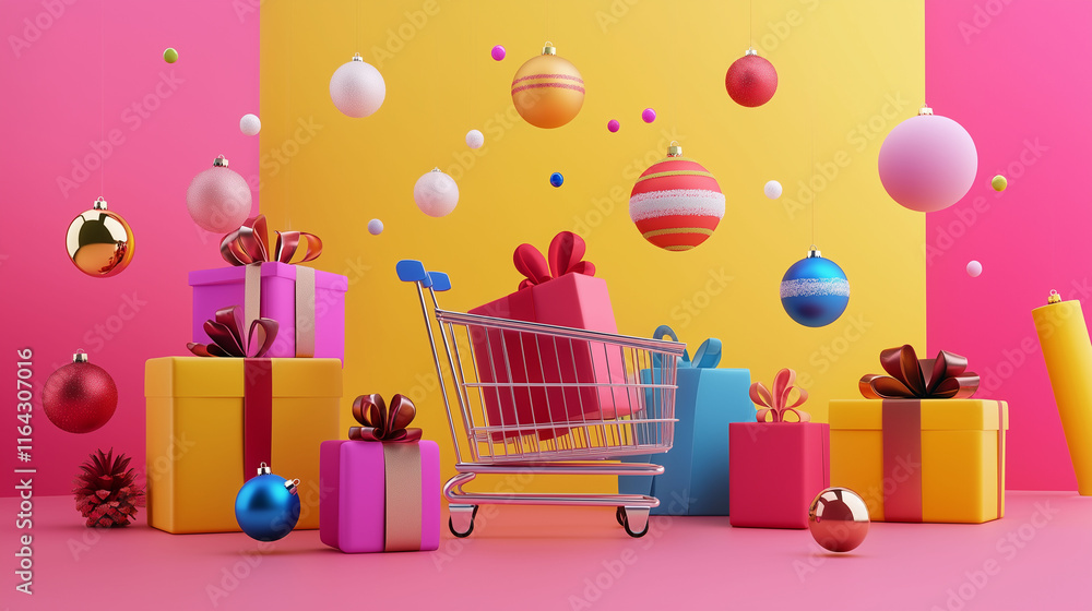 A 3D render of a cheerful online shopping experience featuring holiday-themed items, decorated with virtual Christmas ornaments and gift boxes, creating a delightful shopping ambiance