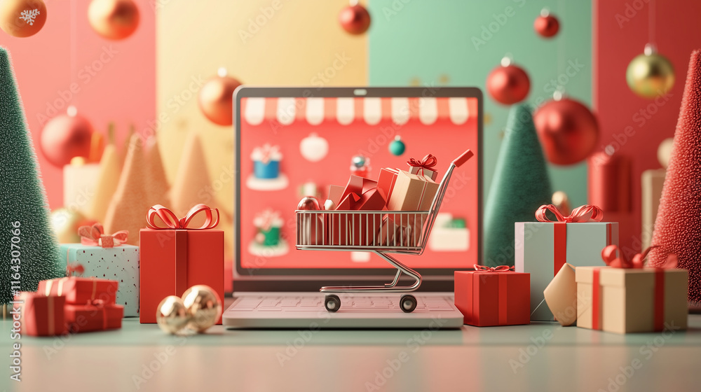 A 3D render of a cheerful online shopping experience featuring holiday-themed items, decorated with virtual Christmas ornaments and gift boxes, creating a delightful shopping ambiance