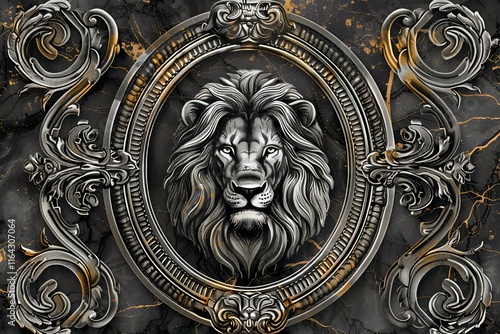 Majestic Lion in Ornate Frame: A regal digital artwork featuring a lion's head in an elaborate baroque frame against a marble backdrop. photo