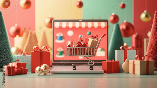 Obraz na płótnie A 3D render of a cheerful online shopping experience featuring holiday-themed items, decorated with virtual Christmas ornaments and gift boxes, creating a delightful shopping ambiance w salonie