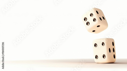   A pair of dice resting on a table with one dice tumbling off the edge photo