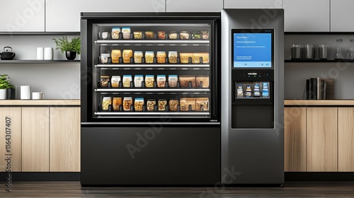 Vending machine displaying snacks and drinks modern office kitchen product showcase contemporary design