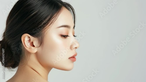 肩越しに振り返る肌の綺麗な日本人女性（白背景・背景なし・肩こり・スマホ首）	
