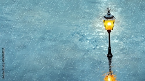   A street lamp illuminates a puddle of water in the center, casting a warm yellow glow photo