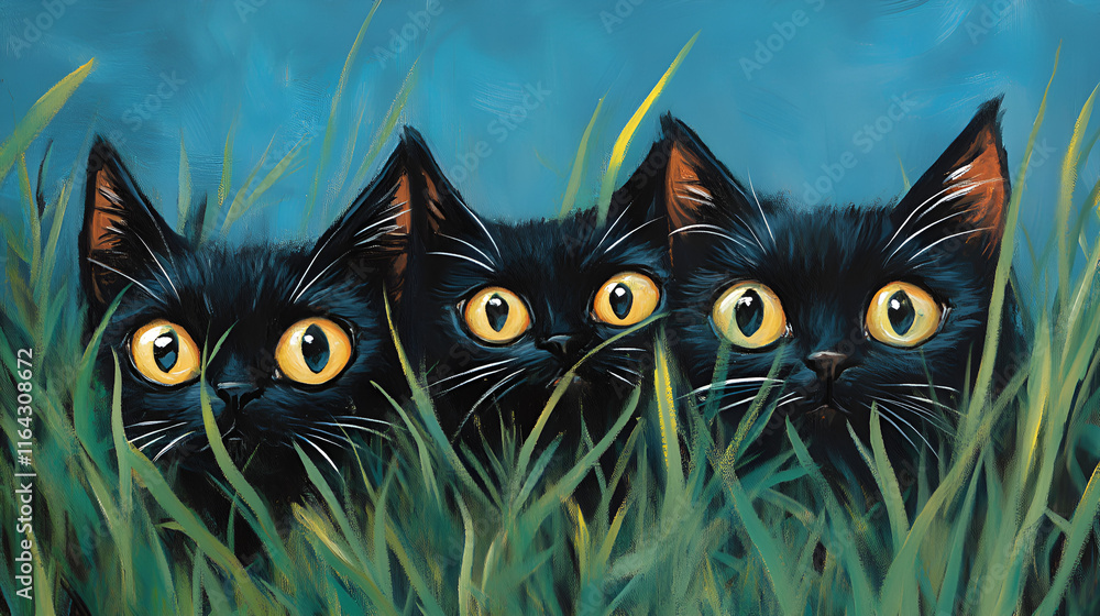 Fototapeta premium Pair of Black Cats with Bright Yellow Eyes Hidden in Tall Grass: A Playful and Mysterious Wildlife Scene