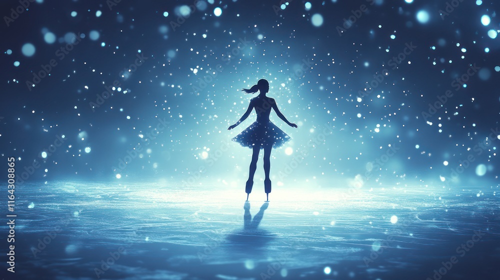 Silhouetted figure ice skating at night, snow falling. Silhouetted figure ice skating at night, snow falling.
