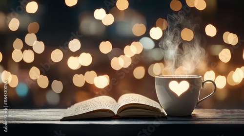   Coffee w/steam on table w/open book & lights in bkgd photo