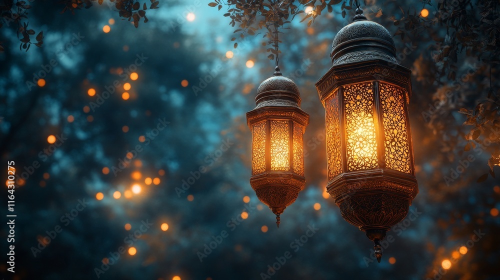Two ornate lanterns glow warmly in a mystical, twilight forest setting. Two ornate lanterns glow warmly in a mystical, twilight forest setting.
