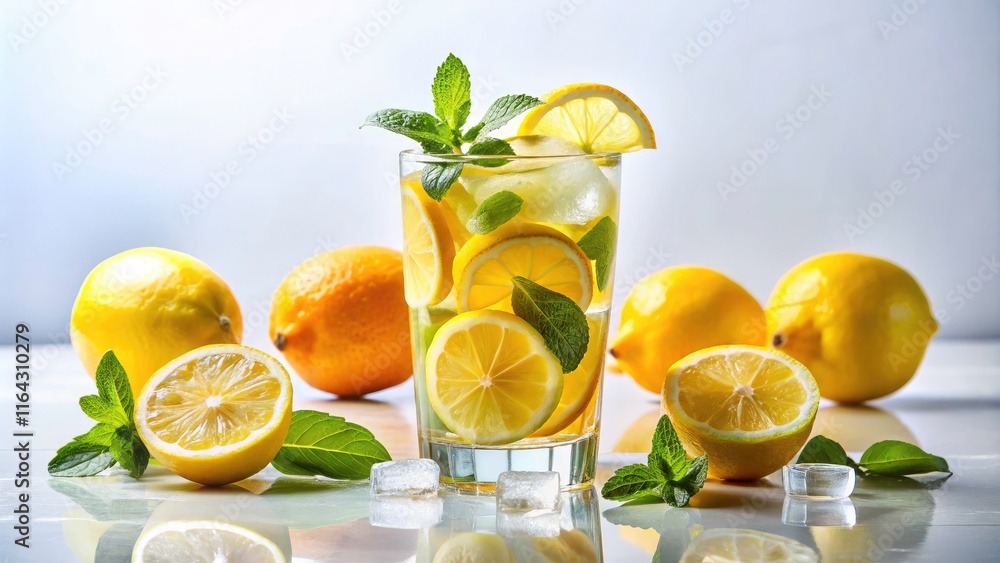 Fototapeta premium Fresh Lemonade in a Stylish Glass Isolated on White Background - Refreshing Summer Drink Photography, Citrus Beverage, Healthy Hydration, Drink Recipe Inspiration