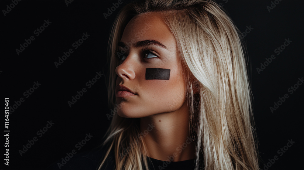 Portrait of a blonde girl with a black facial accent, created in high contrast against a dark background Portrait of a blonde girl with a black facial accent, created in high contrast against a dark background