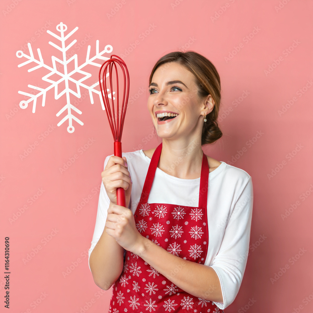 Cheerful woman, festive mood, holding whisk, pink background, copy space Cheerful woman, festive mood, holding whisk, pink background, copy space